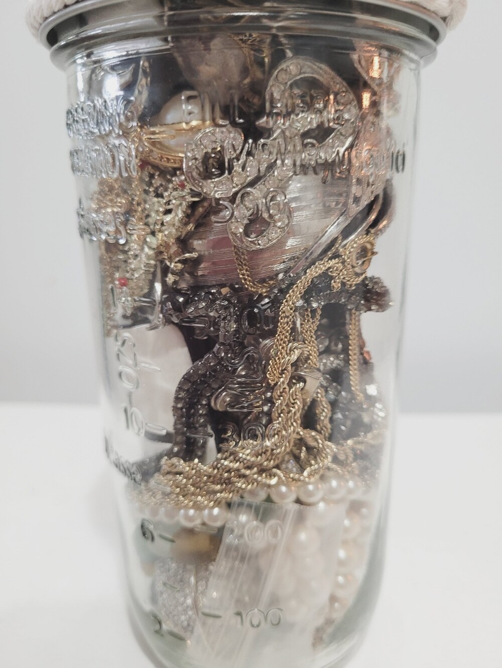 Decorative Glass Jar Filled with Gold-Tone and Pearl Accent Jewels